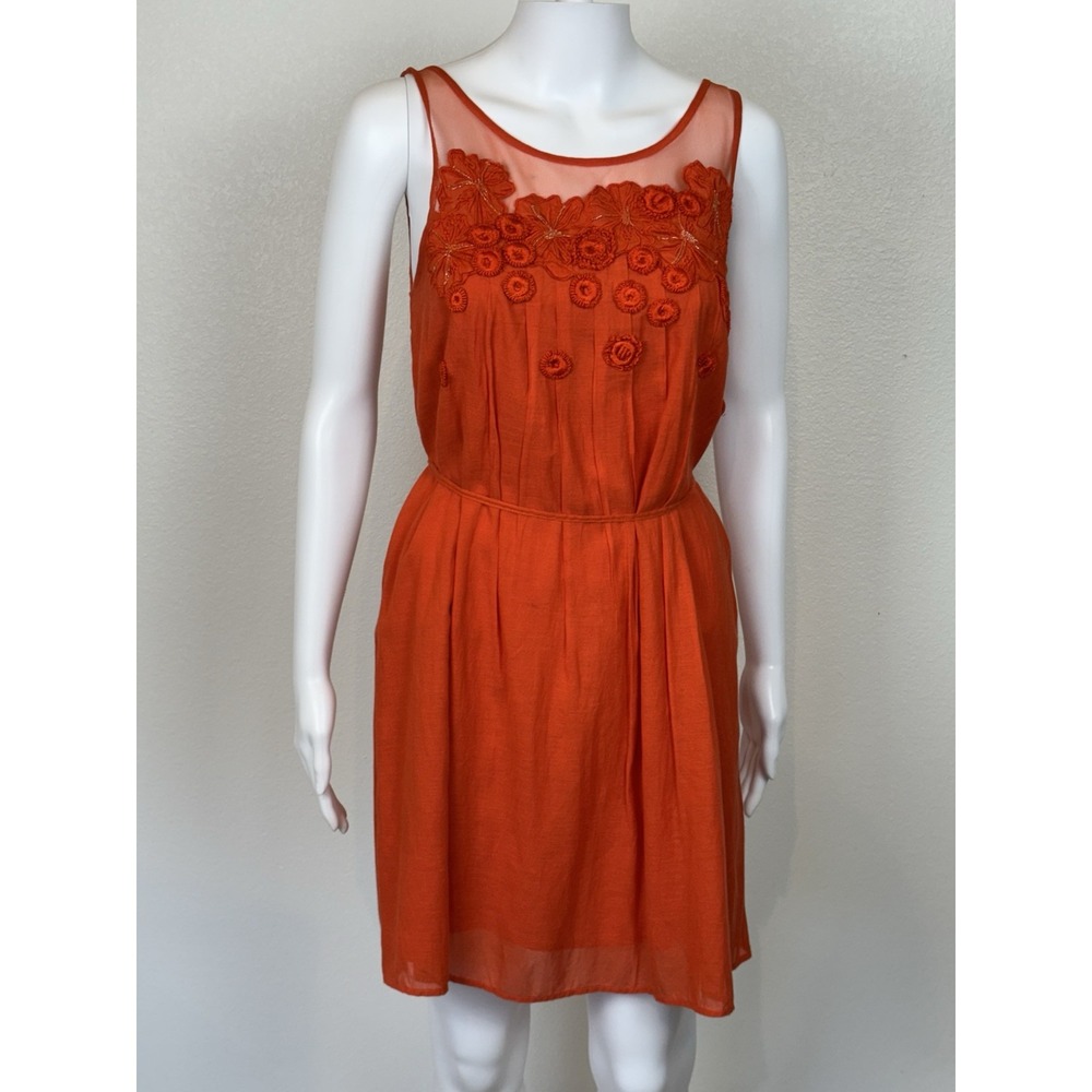 Meadow Rue Anthropologie Floral Mesh Shift Dress Size 0 Orange Romantic Feminine - Picture 2 of 14